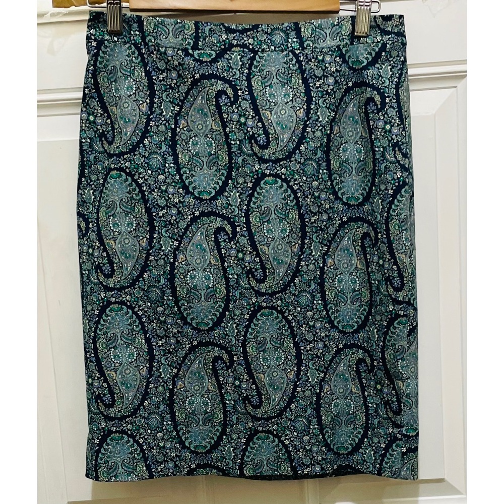 J Crew Paisley Print Pencil Skirt Blue Green Size 4 Career Office